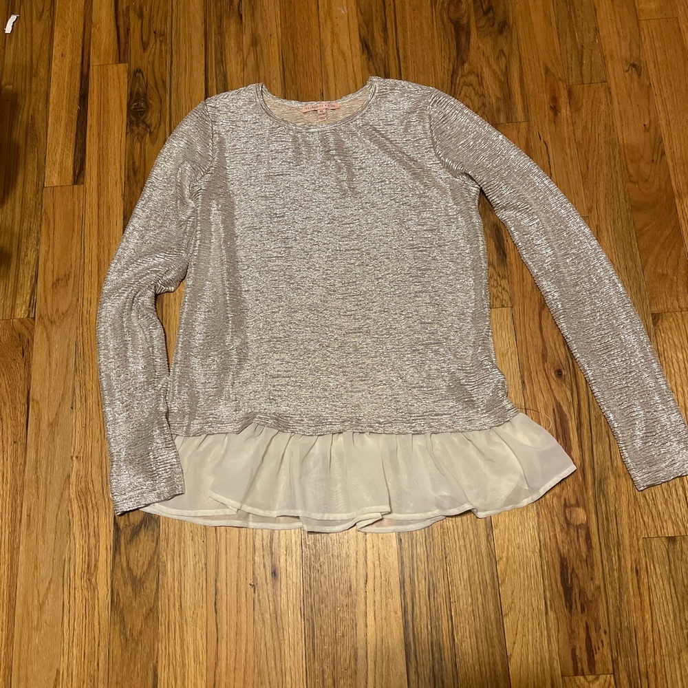 Celebrity Pink Shimmering Silver Top with Cream Ruffle Size XL(14/16)